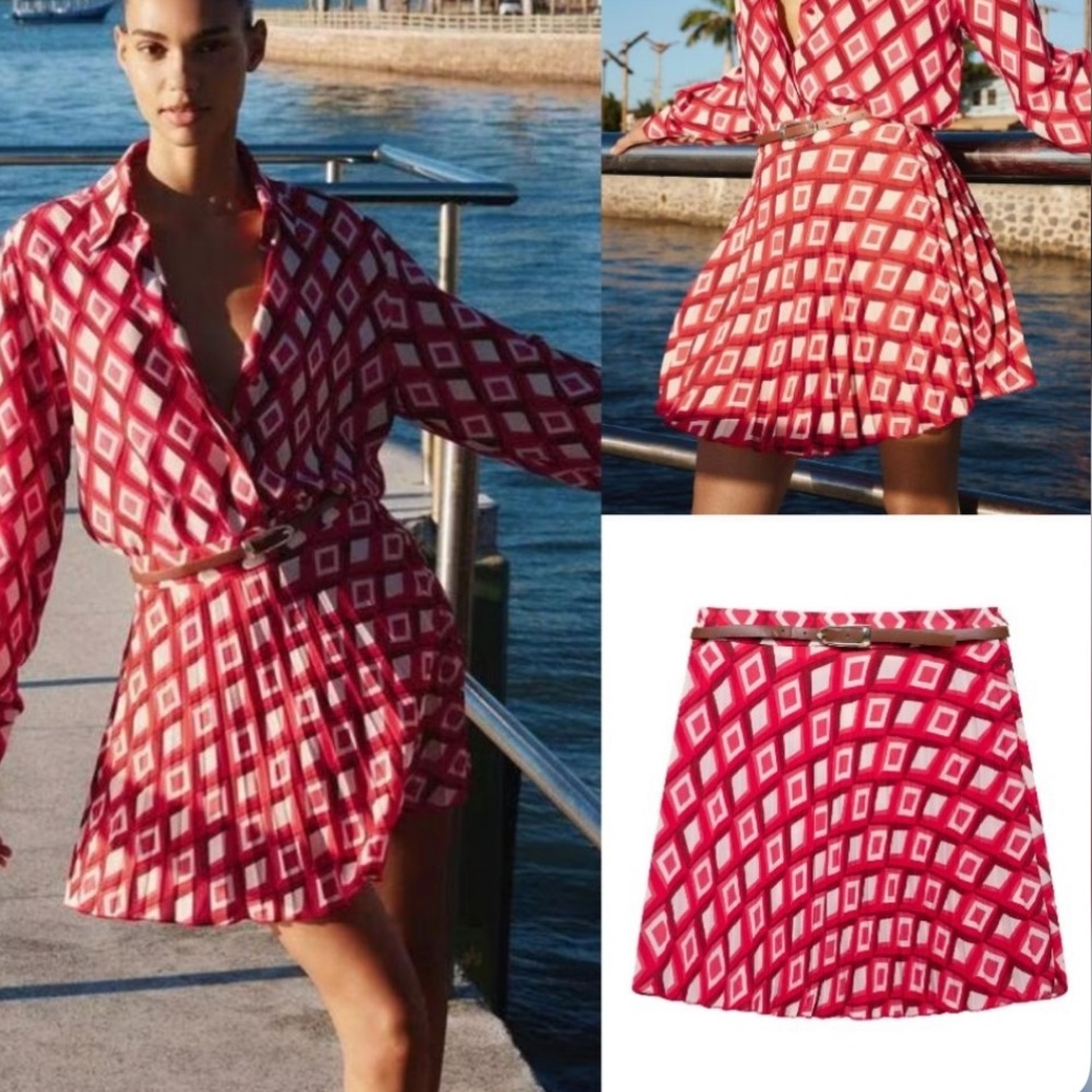 NEW ZARA GEOMETRIC PRINT LIGHTWEIGHT MINI SKIRT WITH BELT